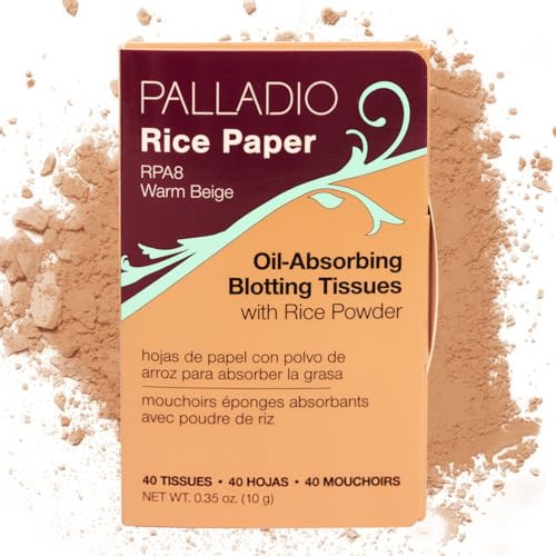 Palladio Rice Paper Facial Tissues for Oily Skin, Face Blotting Sheets Made from Natural Rice, Oil Absorbing Paper with Rice Powder, 2 Sided, Instant Results, Warm Beige, 40 Count, Pack of 1