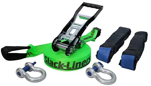 6 Teiliges Neon Slackline-Set LEUCHTGRÜN - 50mm breit, 25m lang - mit Langhebelratsche