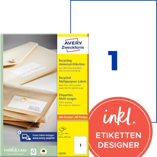 AVERY Zweckform LR3478 Recycling Etiketten (100 Klebeetiketten, 210x297mm auf A4, 100% recyceltes Altpapier, bedruckbare Versandetiketten, selbstklebende Versandaufkleber) 100 Blatt, naturweiß