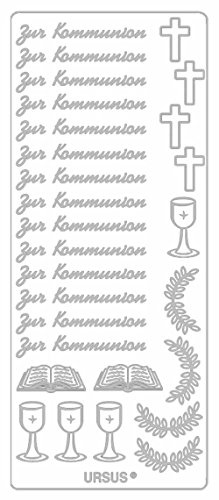 Ursus 59310032 - Kreativ Sticker, Kommunion, silber, 5 Blatt, selbstklebend, Ideal zur Kartengestaltung und zum Dekorieren von Geschenken, Stickerbogen ca. 10 x 23 cm