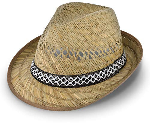 Erntehelfer Strohhut (Sonnenschutz) für Damen und Herren, cooler und modischer Sonnenhut im Trilby Look für den Sommer am Strand oder im Urlaub, verschiedene Größen, Farbe natur, Gr: 60 cm