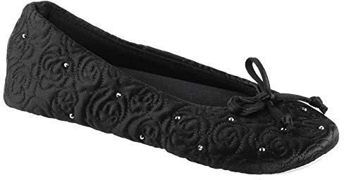 isotoner Women’s Rose Quilted Ballerina Slippers with Rhinestone Embellishment and Genuine Suede Sole , Black, 5 6 US