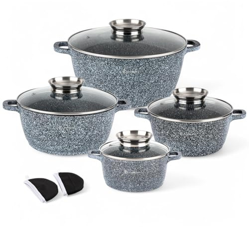 EliteHoff Kochtopf Set Induktion, Topf aus Aluminiumguss mit Antihaftbeschichtung, Topfset mit Glasdeckel für alle Herdarten inkl. Induktion, Gas, Elektro, Halogen, Keramik (Grau, 8-teilig)