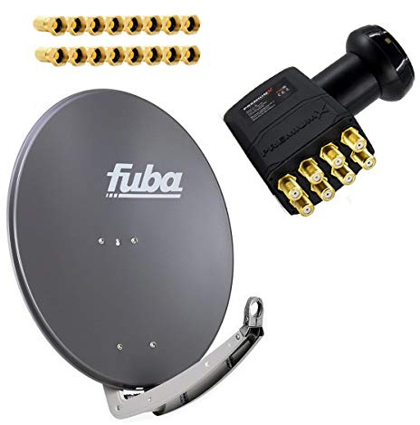 Antenne Fuba 85x85 cm Alu Anthrazit DAA 850 A mit LNB Octo 0,1 dB PremiumX PXO zum Direktanschluss von 8 Teilnehmern Digital HDTV FullHD 3D tauglich inkl. 16 F-Stecker vergoldet