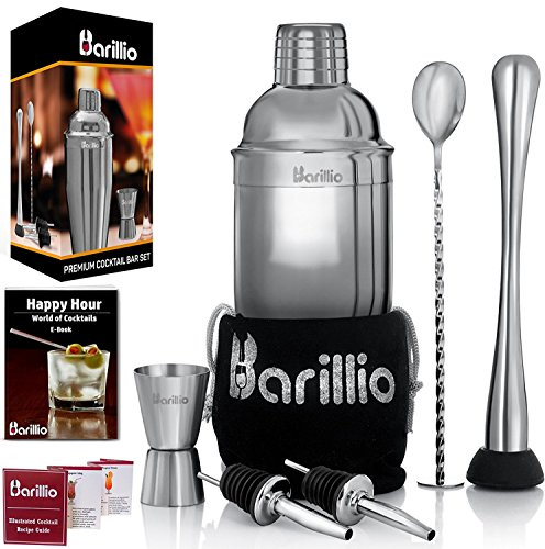 Barillio Mixology Bartender Kit - 8 pcs Stainless Steel Travel Cocktail Shaker Set with Bag - Bar Tools Set with Martini Shaker, Drink Mixer Spoon & Mojito Muddler for Cocktails, Pourers & Jigger