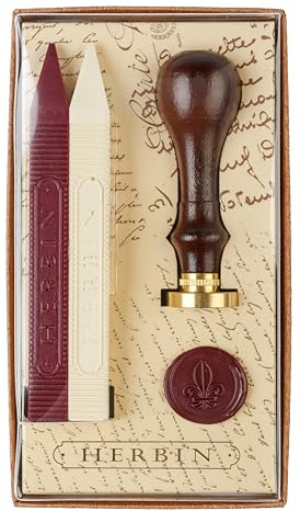 J.Herbin 46001T - Wachssiegelset mit 2 Wachstangen (rot und elfenbein), 1 Siegelgriff aus Holz und 1 Siegel mit Lilie, schöne Geschenkidee, 1 Set