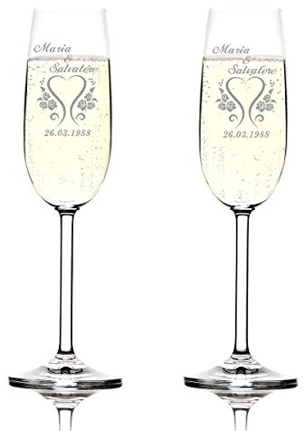 polar-effekt Set de 2 Coupes à Champagne Montana Cadeau de Mariage - Personnalisé avec Gravure - Date de Naissance - Idée Cadeau pour Motif de Mariage - Vrille Fleur en Forme de Coeur