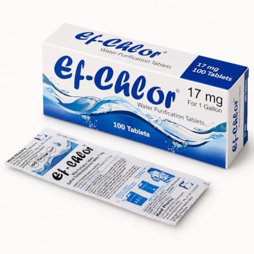 Ef-Chlor 17 Mg Water Purification Tablets / 100 Tablets Pack -1 tablet Purifies 3-4 Liters of Water/Safe and Reliable Water Treatment No Color or Unpleasant Taste/Sterilize Disinfect & Purify Water
