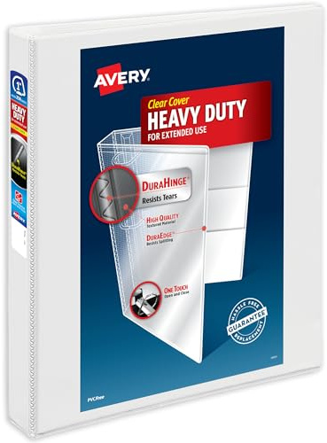 Avery Heavy Duty View 3 ringpärmar, 1 tum one touch sneda ringar, 250-arkkapacitet, DuraHinge, 3,5 cm bred ryggrad, anpassningsbart genomskinligt skydd och ryggrad, 1 vit pärm (79799)