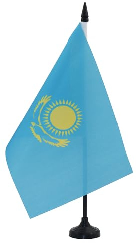 AZ FLAG - Kazakstan bordsflagga 21 x 14 cm - liten kazakisk kontorsflagga 100% polyester med 25 cm skaft och svart plastbas