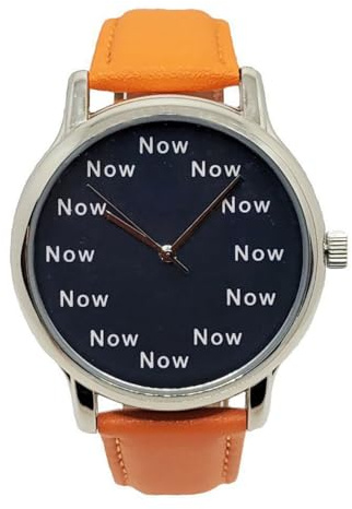 Now is The Time That is Shown Each Hour on The Black Dial of The Large Polished Chrome Watch with a Orange Leather Strap