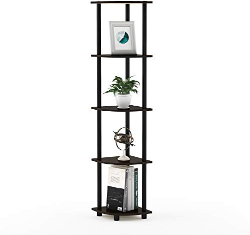 Furinno TURN-N-TUBE Corner Shelf, 5-Tier Corner Bookshelf, Open Storage Shelves, for Organization and Storage, Living Room, Home Office, Garage, Bedroom, Dark Brown Grain