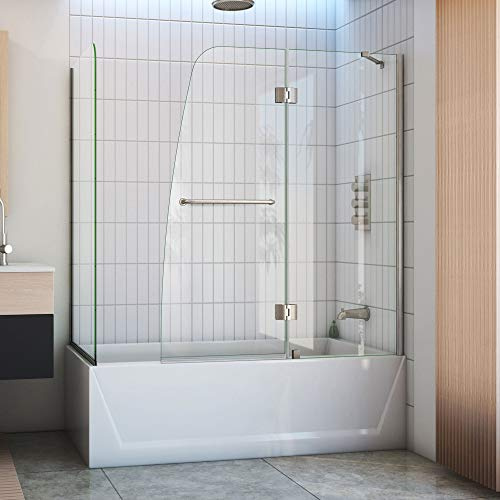 DreamLine Aqua 56-60 in. W x 30 in. D x 58 in. H Frameless Hinged Tub Door with 30 in. Return Panel in Brushed Nickel, SHDR-3148586-RT-04