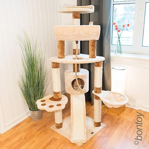 Bontoy Kratzbaum Lou Creme/Braun 145 cm mit großer Liegewanne 46cm und viel Platz zum Toben und Schlafen I Kratzen I Spielen I Ausruhen