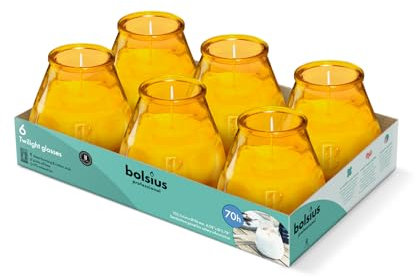 Bolsius Candele per Esterni - 6 Pezzi - In Vetro - Ambra - Durata di Combustione 70 Ore - Senza Olio di Palma - Combustione Pulita - Stoppino di Cotone - Non Profumate