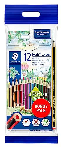 STAEDTLER Buntstifte Noris colour, rutschfeste Soft-Oberfläche, hohe Bruchfestigkeit, Made form Upcycled Wood, Set mit 12 brillanten Farben, Bonuspack mit Radierer und Bleistift, 61 SET6