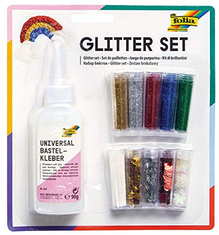 folia 579 - Glitter Set, bestehend aus Bastelkleber und 10 Dosen Glitterpulver und -streuteile, farbig sortiert - ideal zum Verzieren Ihrer Bastelarbeiten, Grußkarten, Scrapbooking, und vielem mehr