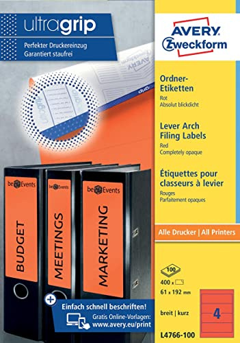 AVERY Specialform L4766-100 mapperlappar etiketter (med ultragrip, 61 x 192 mm på DIN A4, bred/kort, självhäftande, iögonfallande, tryckta mappetiketter, 400 bakskyltar på 100 ark) röd