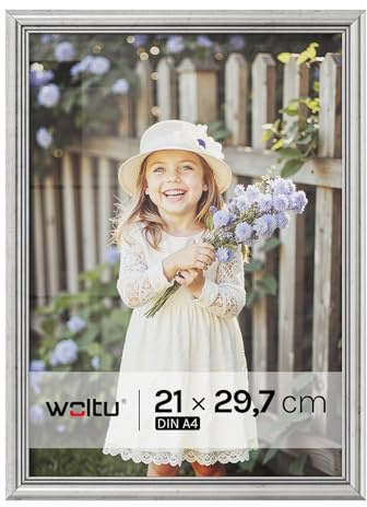 WOLTU Bilderrahmen A4 (21x29,7 cm) Silber, Fotorahmen aus Massivholz und PS-Platte, Holzrahmen mit Passepartout, zum vertikalen oder horizontalen Aufhängen/Aufstellen, Posterrahmen Collage Wanddeko