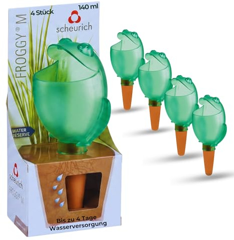 Scheurich Wasserspender Froggy M | 4X Grün | Bewässerungskugel 140ml Füllmenge Wasserspender für Zimmerpflanzen Gießhilfe