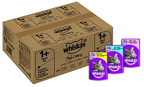 whiskas 1+ Wet Cat Food for Adult Cats, Mixed Selection in Jelly, 84 Pouches (84 x 100 g)