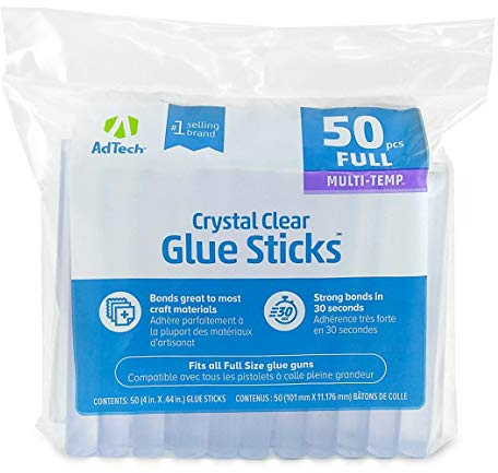 AdTech Crystal Clear Hot Glue Gun Sticks (W220-14ZIP50) – Full Size Hot Glue Sticks. All-purpose glue sticks for crafting, scrapbooking & more. 50 pieces. Length: 4” Diameter: .44”.