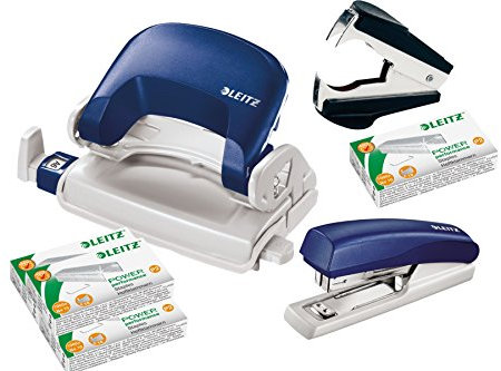 Leitz 5507 Stanz- und Lochgerät Bundle inkl. Aufbewahrungsklammern und Klammerentferner Komplettset blau