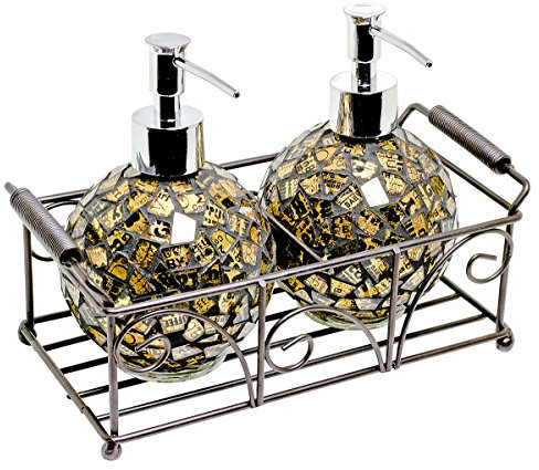 Febland Gold Glass Mosaic Soap Dispenser Set, 25 x 25 x 10 cm