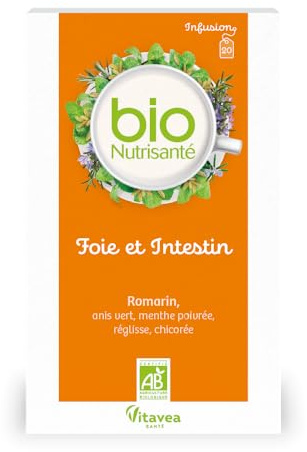 Vitavea BioNutrisanté - Infusion Foie et Intestin BIO 100% naturelle - 20 sachets - Ballonnements - Romarin, Anis vert, Menthe poivrée, Réglisse, Chicorée - Vitavea