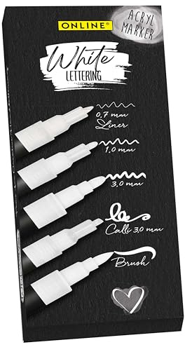 Online Set of 5 Hand Lettering Pens, White, Strong Opaque Hand Lettering Starter Set with Brush Pen, Fineliner, Calligraphy Pen & Markers, White Acrylic Marker Pens for Bullet Journal, DIY Projects