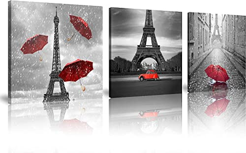 NAN Wind Leinwanddruck, Motiv Paris, Schwarz und Weiß, Leinwand mit rotem Regenschirm, Eiffelturm, Dekoration, rotes Auto, rote Wandkunst, Gemälde auf Leinwand, für Heimdekoration, 3 Stück
