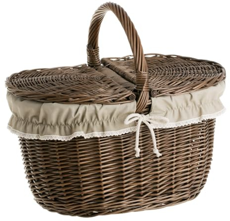e-wicker24 Picknickkorb aus Weide mit Deckel Aufbewahrungskorb mit Besatz (40x32 H24/40, Dunkelbraun)