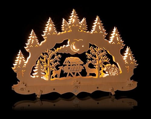 Schwibbogen klein innenbeleuchtet, Futterkrippe Waldmotiv Lichterbogen Weihnachtsdekoration Erzgebirge