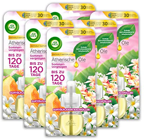 Air Wick Påfyllningsmedel för doftspridare med doft av sommarnöje, blommig, fräsch rumsdoft, set med 6 doftoljor, plastfri förpackning