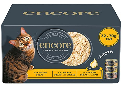Encore 100% Natural Wet Cat Food Multipack Chicken Selection in Broth (Pack of 32 x 70g Tins)