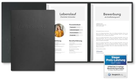 15 Stück 3-teilige Bewerbungsmappen Schwarz mit 2 Klemmschienen in feinster Lederstruktur - hochwertige Prägung ''BEWERBUNG'' - direkt vom Hersteller STRATAG