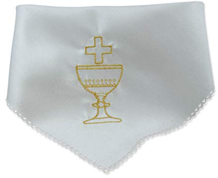 KERZENTUCH zur Kommunion, Taufe oder Hochzeit – bestickt mit KELCH & KREUZ – 22x22 cm – aus SATIN – für Kommunionkerzen, Taufkerzen oder Hochzeitskerzen – MaMeMi
