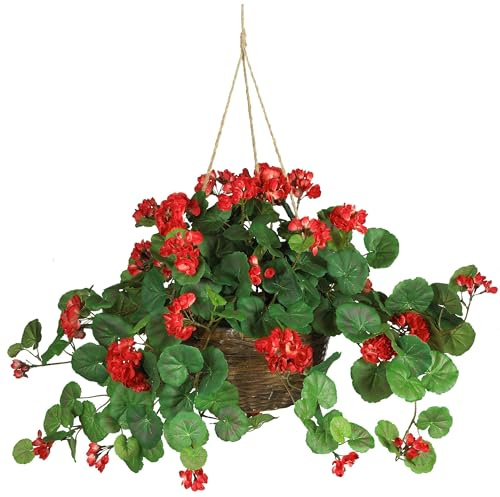 Nearly Natural 24 in Artificial Geranium Red Floral Hanging Basket Plant