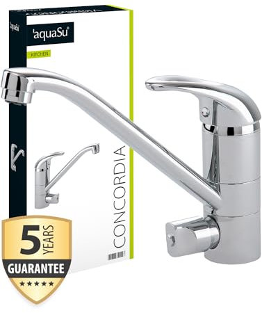 aquaSu® Niederdruck Küchenarmatur mit Geräteanschluss, Wasserhahn Küche Niederdruck, Spültischarmatur, Einhebelmischer Spüle mit Ringgriff, Keramikkartusche mit Wassersparfunktion, Chrom, 77200 6