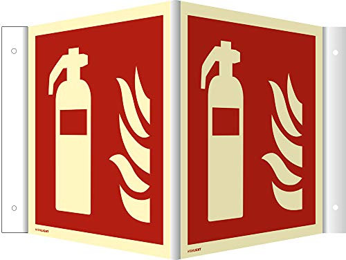 Winkelschild, Nasenschild Feuerlöscher nach ISO 7010 HIGHLIGHT Alu 14,8 x 14,8cm mit 4 Bohrungen à 3 mm Ø Leuchtdichte: HIGHLIGHT 48 mcd/m² gemäß ISO 7010, F001