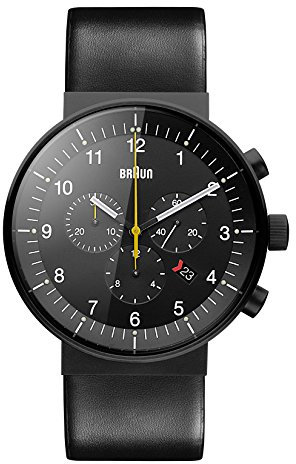 Braun Mens Prestige Chronograph with Date Analogue Quartz Watch, Black Dial and Leather Strap, 43mm Black Stainless Steel Case, Model BN0095BKG.