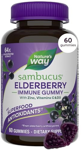 Nature's Way Sambucus Elderberry Gummies, Immune Support Gummy for Adults & Kids Ages 4+ with Black Elderberry Extract, Vitamin C, Vitamin D3, and Zinc*, 60 Gummies