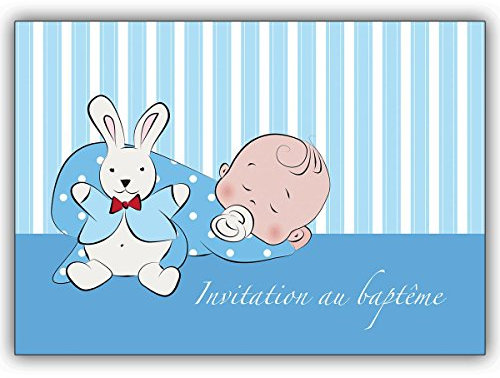 10 Stück Set: Französische Jungen Tauf Einladung mit Baby und Häschen: Invitation au baptême • zauberhafte Baby Party Karte, Einladungs Klappkarte um Familie und Freunde einzuladen, um zu feiern