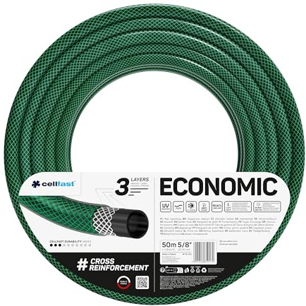 CELLFAST Gartenschlauch Economic 5/8 50m 3-lagig | Dreilagiger Gartenschlauch aus Polyester-Kreuzgewebe, UV- und algenbeständig, 20 bar