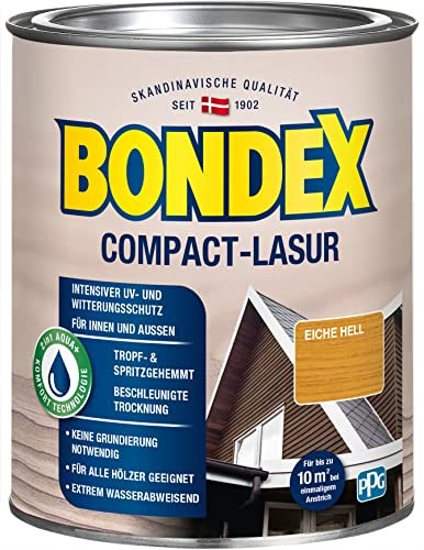 Bondex Compact Lasur EICHE HELL 0,75 L für 9,75 m² | Wasserbasierte Holzlasur | Intensiver Wetter- und UV-Schutz | Streichen ohne Grundierung | Seidenmatt | Geruchsarm