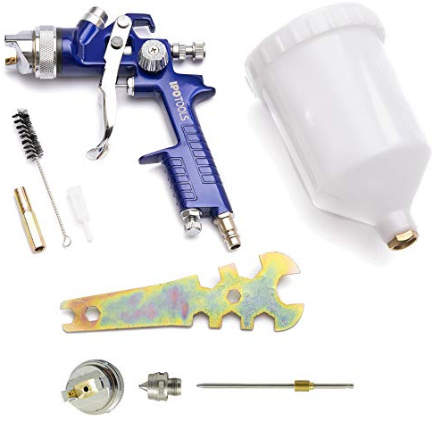 IPOTOOLS HVLP Lackierpistole Spritzpistole 1,3mm + 1,7mm Düse - H-827P Profi Farbsprühsystem Spraypistole mit 600 ml Plastikbecher und Edelstahldüse 1,3mm + 1,7mm Düsensatz