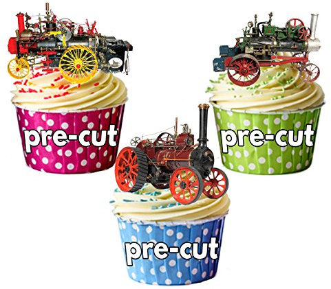 AK Giftshop Vintage Traction Engine Mix Cake Decorations - 12 Edible Wafer Cup Cake Toppers