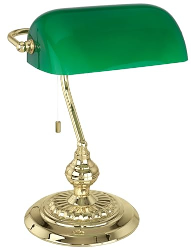 EGLO Tischlampe Banker, 1 flammige Tischleuchte Vintage, Retro, Art Deco | Klassik, Schreibtischlampe aus Stahl und Glas, Nachttischlampe, Bürolampe, Messing, Grün, Lampe mit Zug-Schalter, E27 Fassung