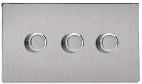 Varilight Triple V-Pro Rotary 2-Way LED Dimmer 3 x 0-120W - Screwless Brushed Steel With Brushed Steel Knob, JDSDP303S
