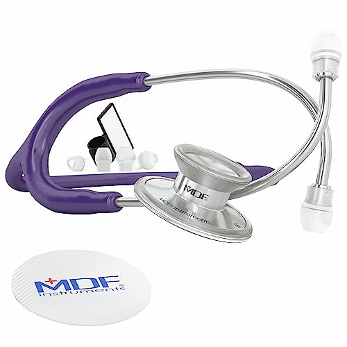 MDF Instruments, Acoustica Lightweight Stethoscope for Doctors, Nurses, Students, Home Health Use, Adult, Dual Head, Purple Tube, Silver Chestpiece-Headset, MDF747XP08